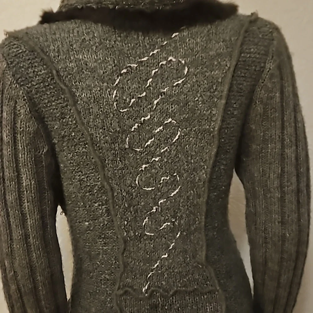 VTG FORLA PARIS 1990s Wool Fur Trim Rosette Longline Sweater Cardigan